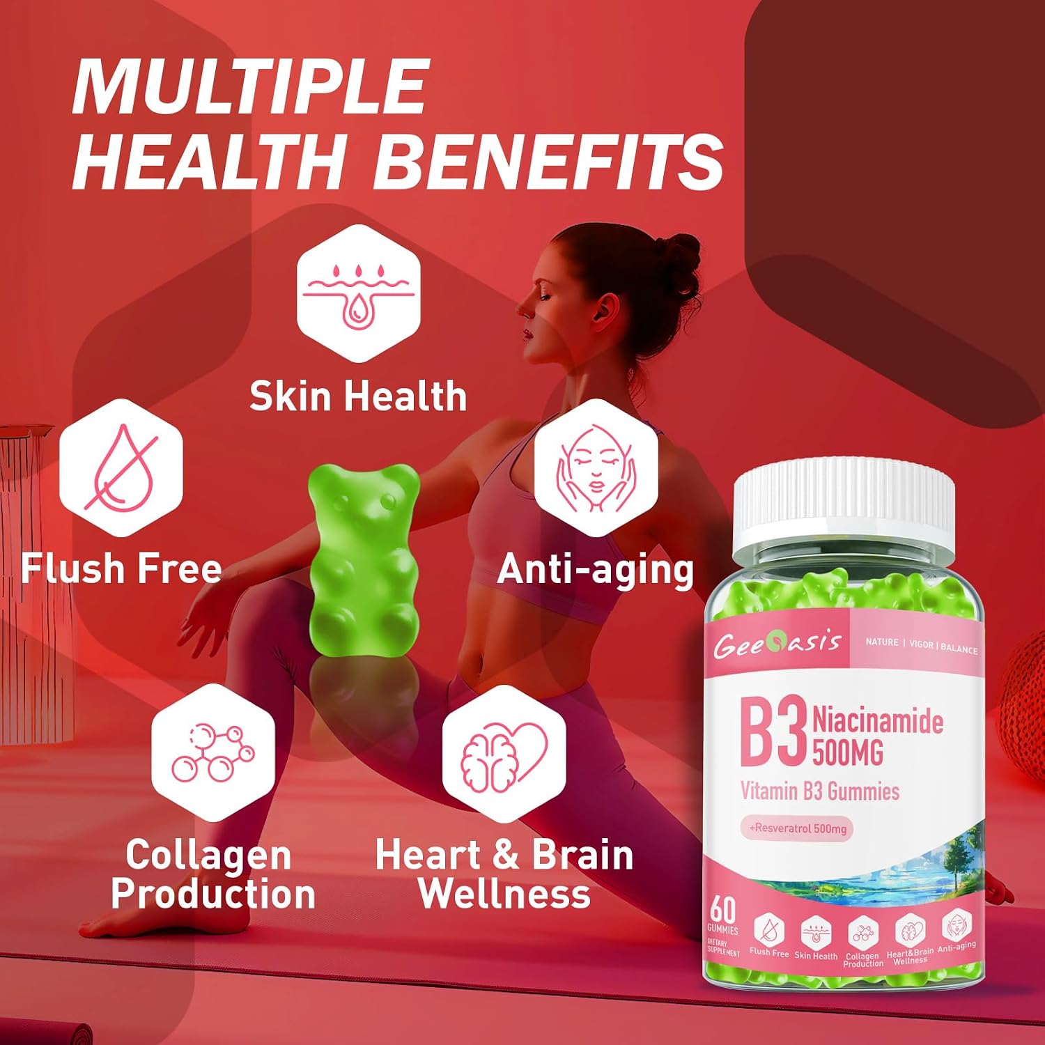 Niacinamide 500mg Gummies, Chewable Vitamin B3 Supplement with Resveratrol 500mg, High Potency Niacinamide for Skin & Brain Health, Immune Support, Vegan Apple Flavour, 60 Count - görsel 6