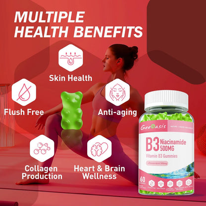 Niacinamide 500mg Gummies, Chewable Vitamin B3 Supplement with Resveratrol 500mg, High Potency Niacinamide for Skin & Brain Health, Immune Support, Vegan Apple Flavour, 60 Count