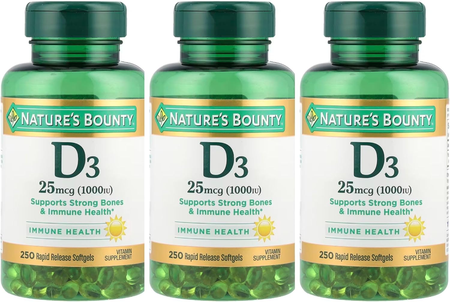 Nature's Bounty Vitamin D3 1000 IU Rapid Release Softgels, 250 Capsules (Pack of 3) - görsel 1