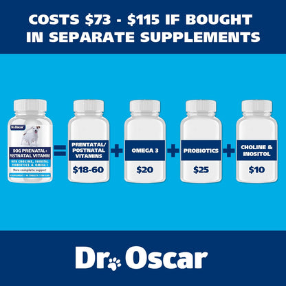 Dr. Oscar Dog Antenatal Vitamins - 2in1 Antenatal & Postnatal with Folic Acid, Omega 3, Probiotics, Choline & Inositol - 90 Tablets