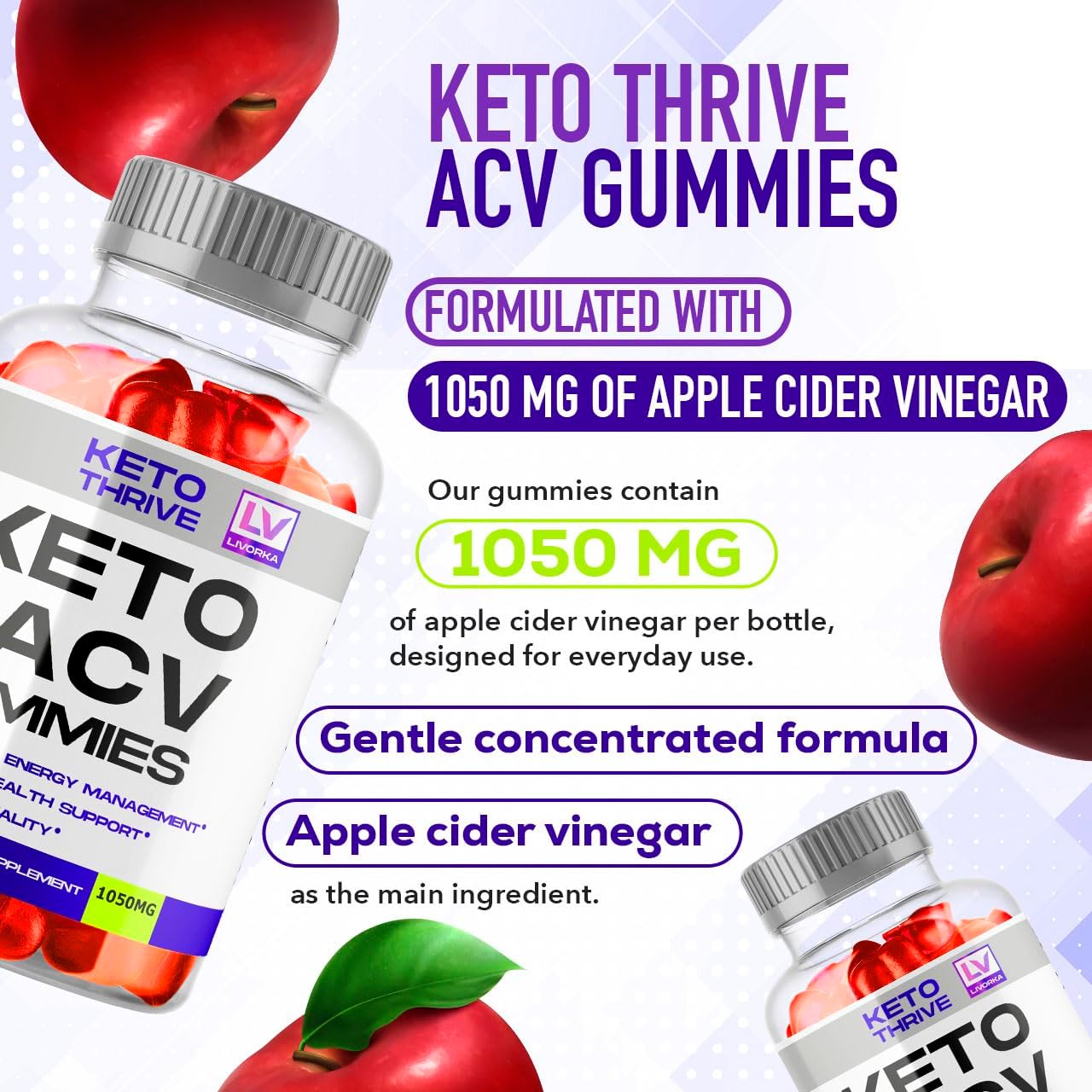 Keto Thrive ACV Gummies (3 Pack) - Apple Cider Vinegar Gummies 1050mg, 60 Gummies Per Bottle - görsel 3
