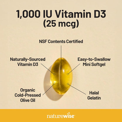 NatureWise Vitamin D3 1000 IU (25 µg) – 200 Mini Softgels for Immune, Muscle and Bone Health