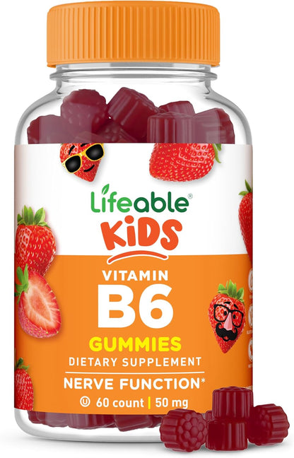 Lifeable Vitamin B6 Gummies for Kids – Great Tasting B6 Vitamins 50mg, Vegan, Non-GMO, Gluten-free, for Nerve Function Support, 60 Gummies