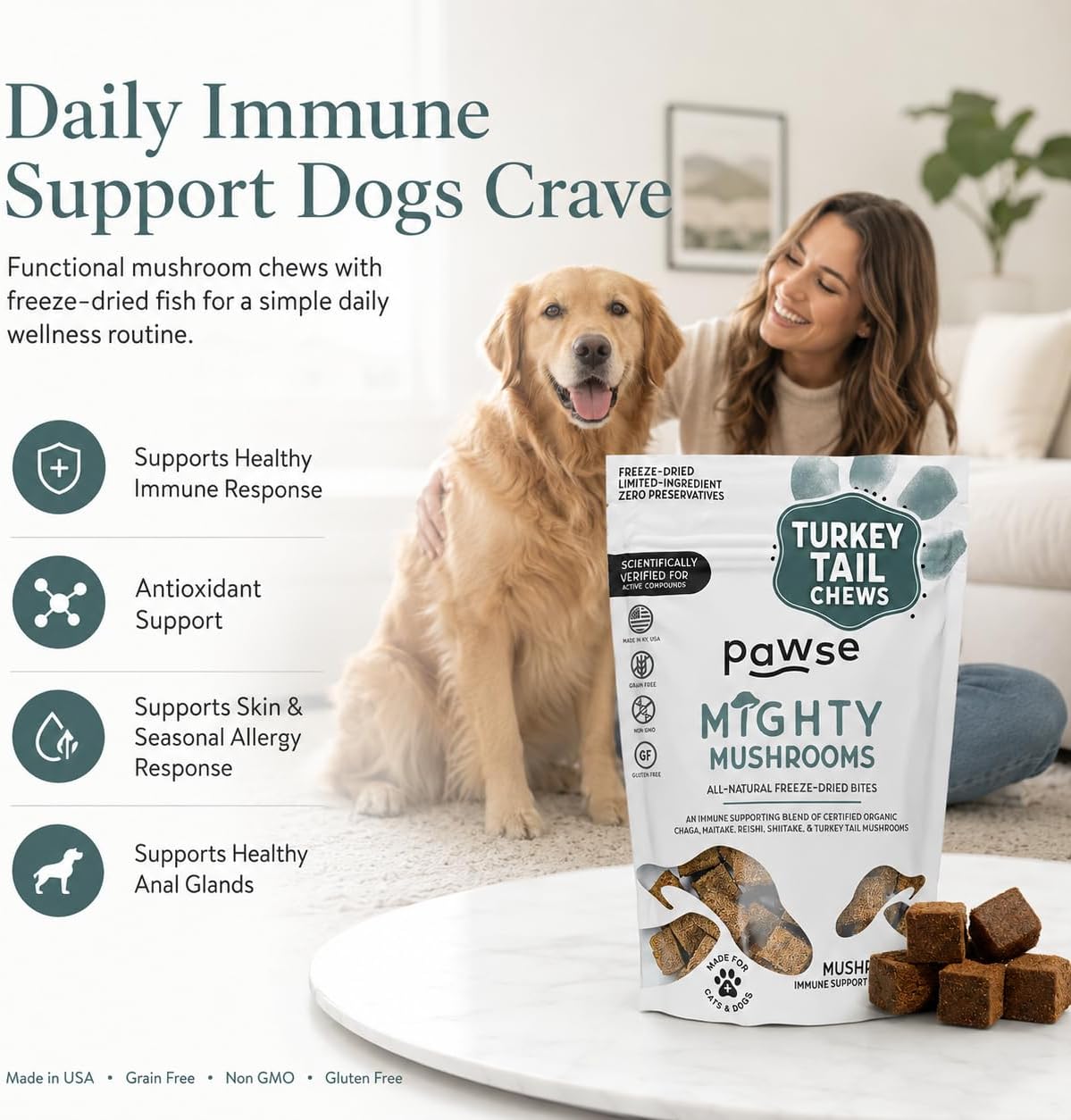 Pawse Mighty Mushroom Chews Food Supplement for Dogs & Cats | Blend of Turkey Tail, Reishi, Chaga, Maitake & Shiitake | for Immune System, Lumps & Bumps, Gut Health & Skin Support | 60 Chews - görsel 3