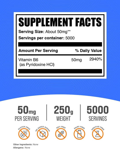 BulkSupplements.com Pyridoxine HCl Powder - Vitamin B6 Supplement, 50mg per Serving, 250g