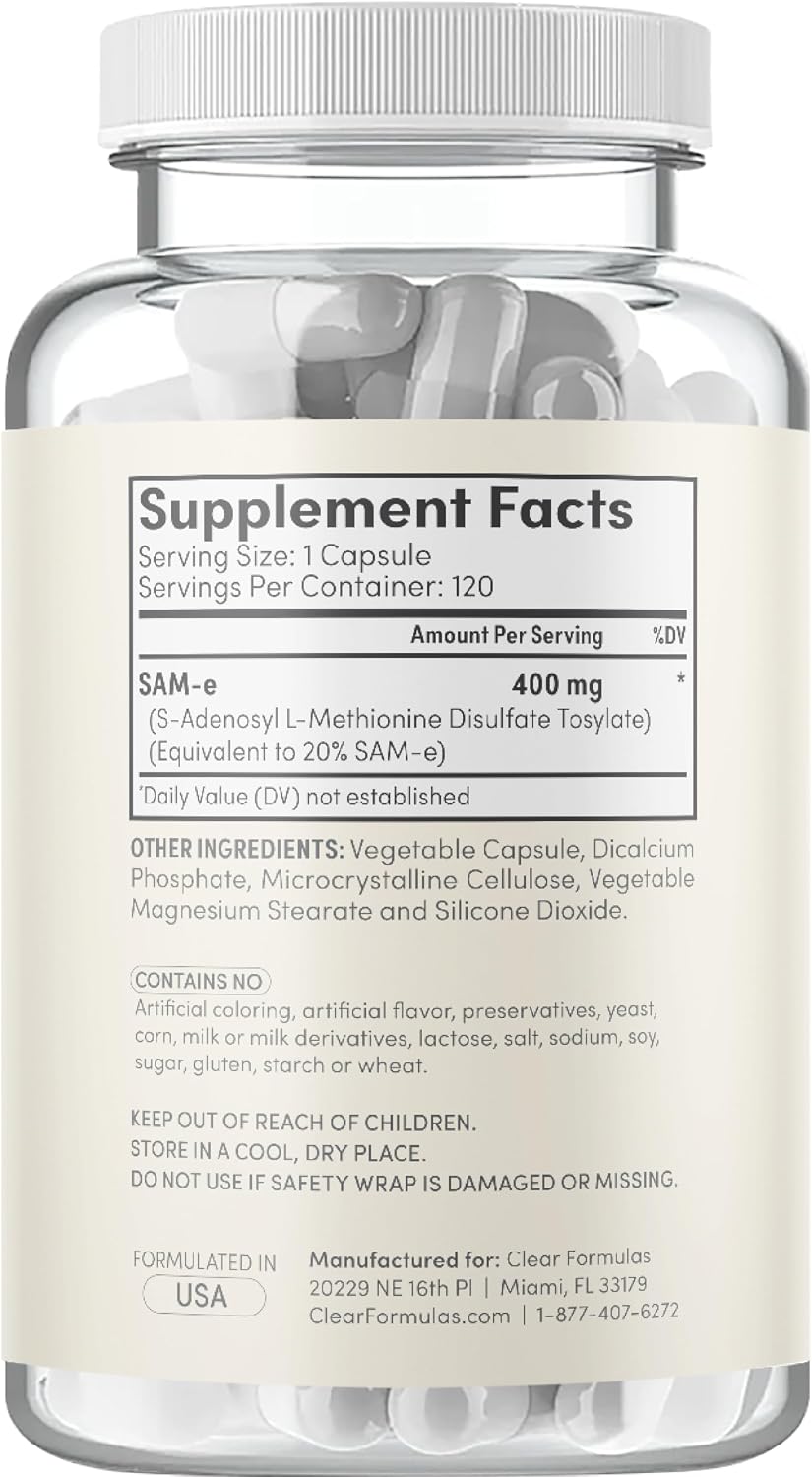 Clear Formulae Bioactive SAM-e 400mg – High Strength SAM-e Supplement with Biologically Active S,S Form – Vegan, Non-GMO, Preservative-Free – 120 Capsules - görsel 8