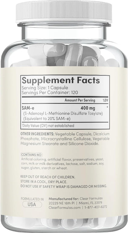 Clear Formulae Bioactive SAM-e 400mg – High Strength SAM-e Supplement with Biologically Active S,S Form – Vegan, Non-GMO, Preservative-Free – 120 Capsules