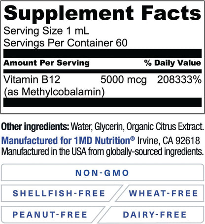 1MD Nutrition Vegan Vitamin B12, 5000mcg Methylcobalamin Liquid Drops