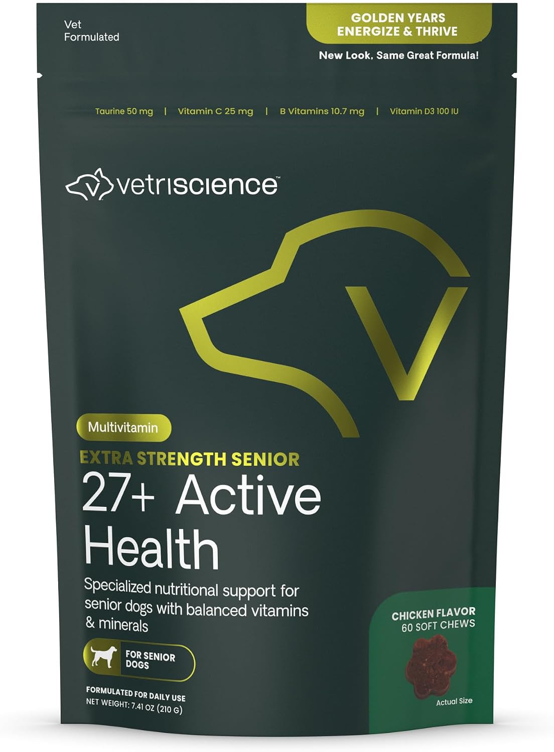 VetriScience Extra Strength Senior 27+ Active Health Chews, Golden Years Daily Multivitamin for Senior Dogs, Chicken Flavour, 60 Count - görsel 1