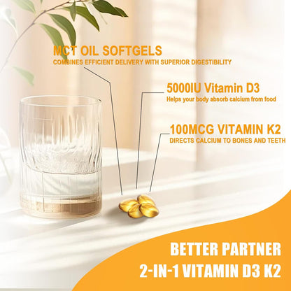 BIO POTENTIA Vitamin D3 K2 with MCT Oil - 5000 IU D3 & 100mcg K2 (MK-7) - Bone, Teeth & Immune Support - Non-GMO, Gluten-free - 60 Soft gel capsules