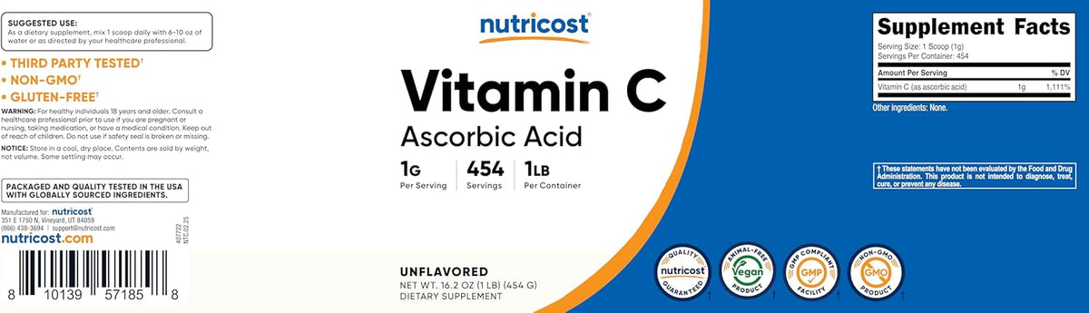 Nutricost Pure Ascorbic Acid Powder (Vitamin C) 454g - görsel 7