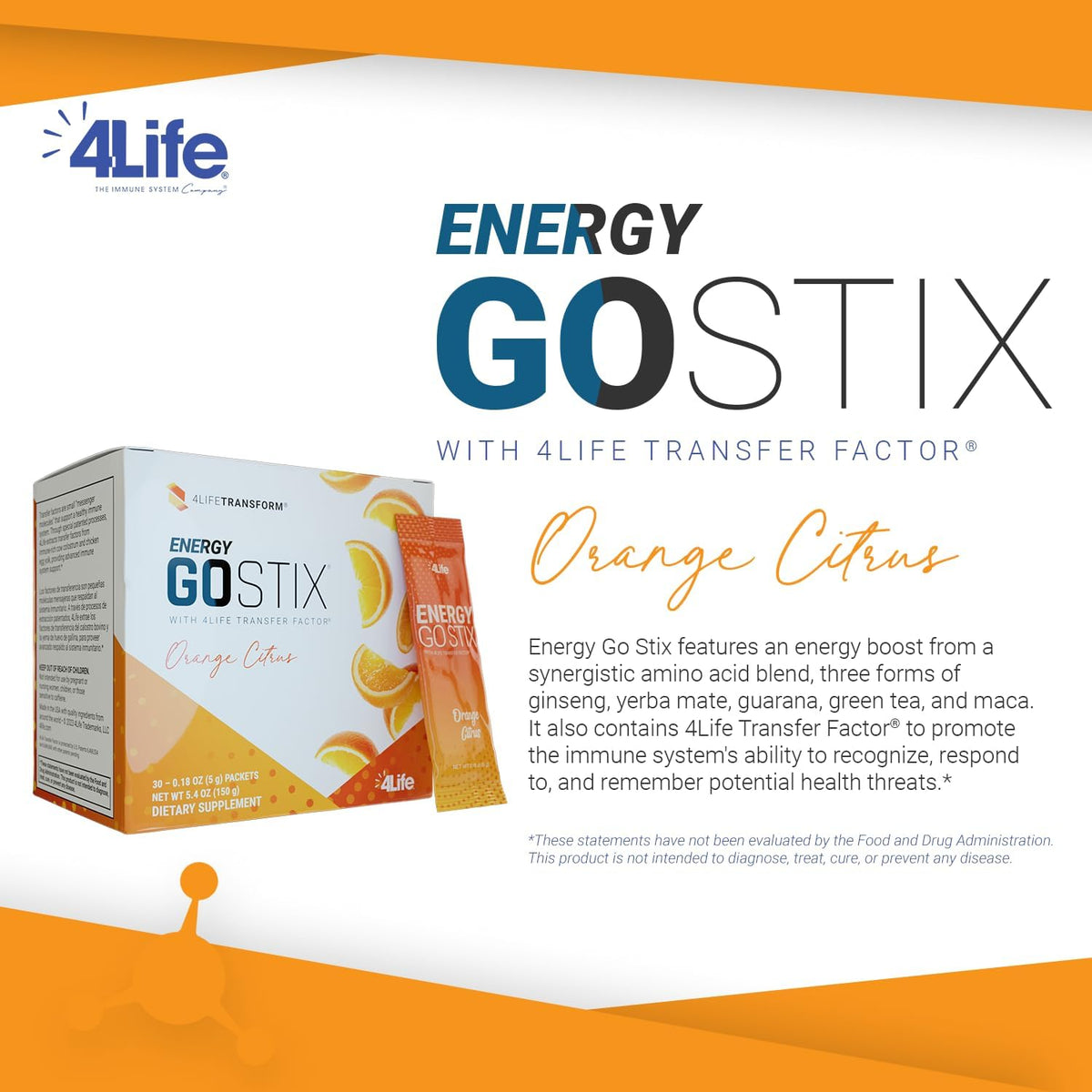 4Life Energy Go Stix Orange Citrus Drink Mix with Amino Acids, 30 Sachets – Image 3
