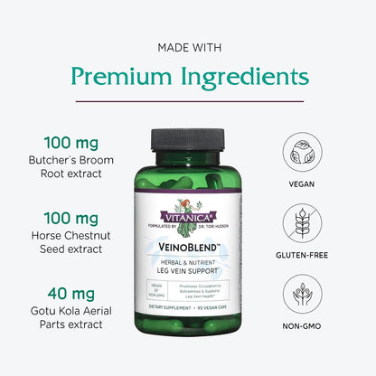 Vitanica VeinoBlend – Circulation Support with Bromelain, Gotu Kola and Vitamin C – 90 Capsules