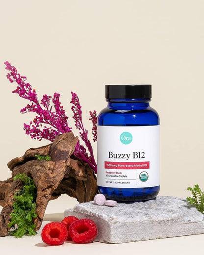Ora Organic Vitamin B12 1500mcg - Plant-Based Methylcobalamin for Adults - Natural Stimulant-Free Energy, Raspberry Flavour Chewable Tablets, No Added Sugar - 30 Tablets