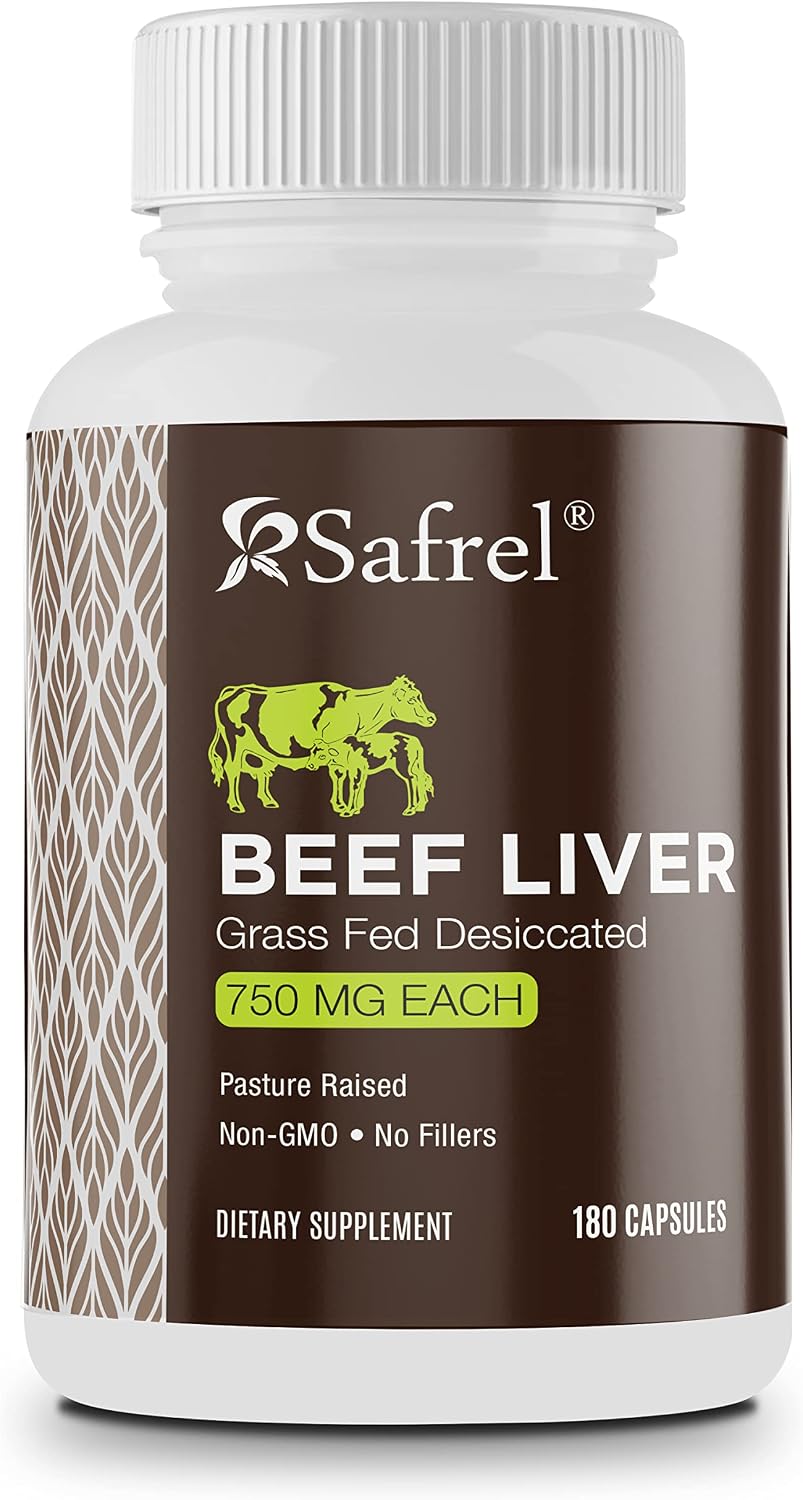 Safrel Grass Fed Desiccated Beef Liver Capsules – Pasture Raised – Undefatted 750mg Each | No Fillers | Natural Iron, Vitamin A, B12 for Energy | Non-GMO | Hormone & Pesticide Free | Gluten-Free - görsel 1