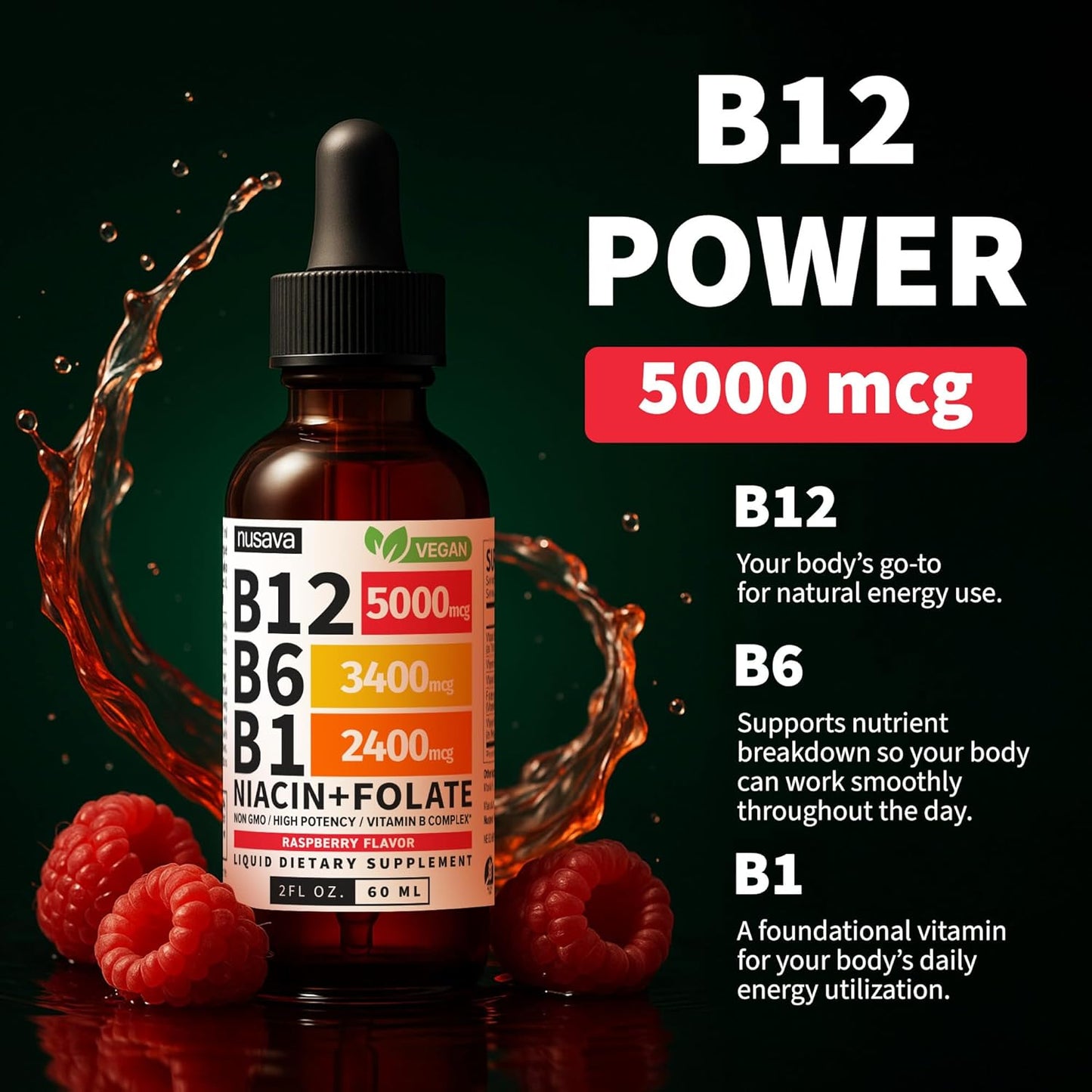 NUSAVA Vitamin B12 Liquid Drops 5000µg with B-Complex & Thiamine - Sublingual Methylcobalamin, Vegan, Non-GMO, Raspberry (Pack of 4, 60 ml Each) - görsel 5