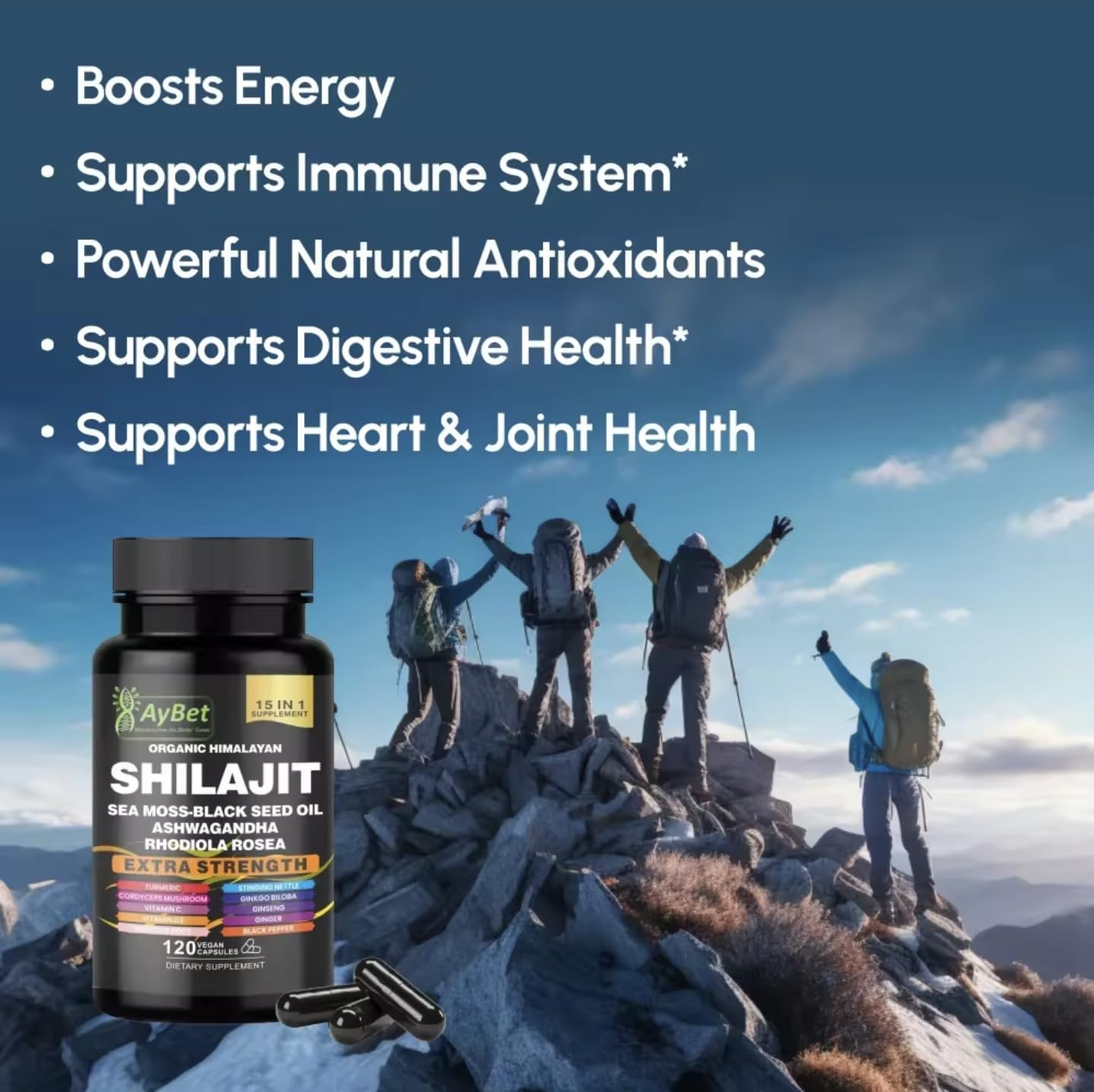 AyBet Organic Himalayan Shilajit Capsules with Sea Moss, Ashwagandha, and Herbal Blend - 120 Capsules - görsel 5