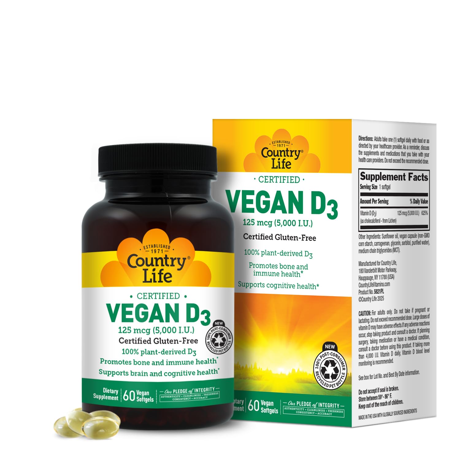 Country Life Vegan D3 5000 IU – Plant-Derived Vitamin D3 from Lichen – 60 Softgels - görsel 1