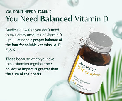 ALGAECAL D3 Complete - Vitamin D3, K2, A & E Food Supplement for Immune and Bone Health, 60 Softgels
