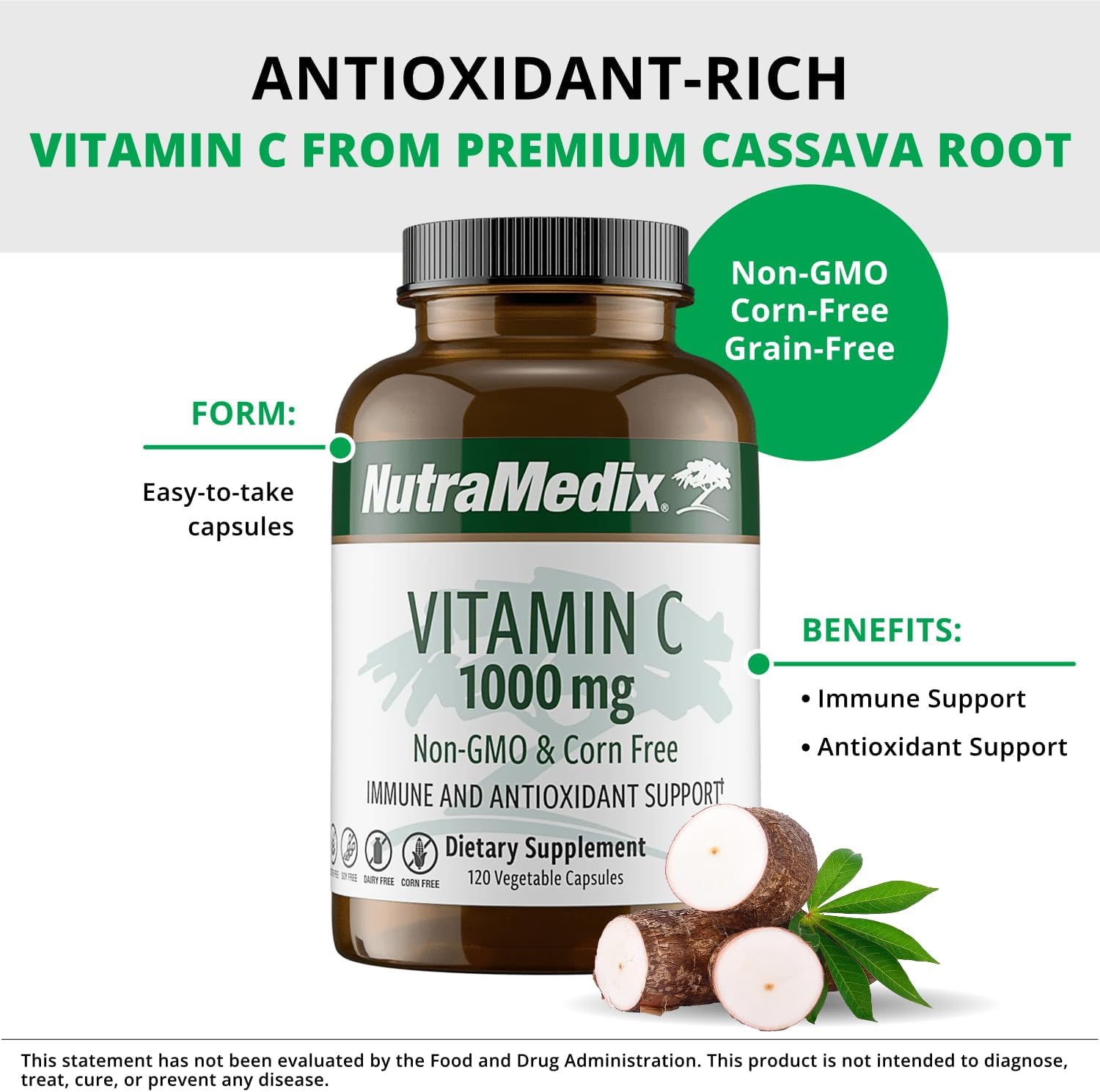 NutraMedix Corn-Free Vitamin C Capsules – Antioxidant and Seasonal Immune Support – Vitamin C Supplement with Ascorbic Acid Derived from Tapioca – 1000 mg (120 Vegetable Capsules) - görsel 3