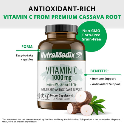 NutraMedix Corn-Free Vitamin C Capsules – Antioxidant and Seasonal Immune Support – Vitamin C Supplement with Ascorbic Acid Derived from Tapioca – 1000 mg (120 Vegetable Capsules)