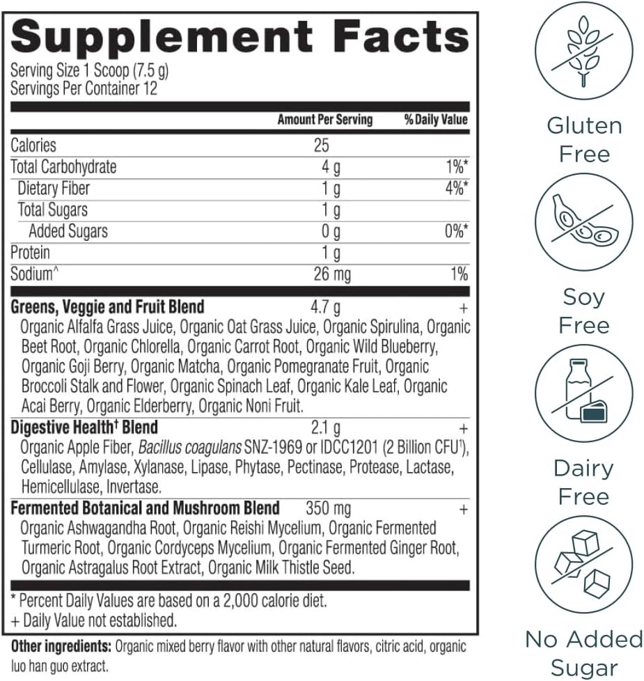 Ancient Nutrition SuperGreens Powder with Probiotics - Organic Berry Flavour, 12 Servings - görsel 2