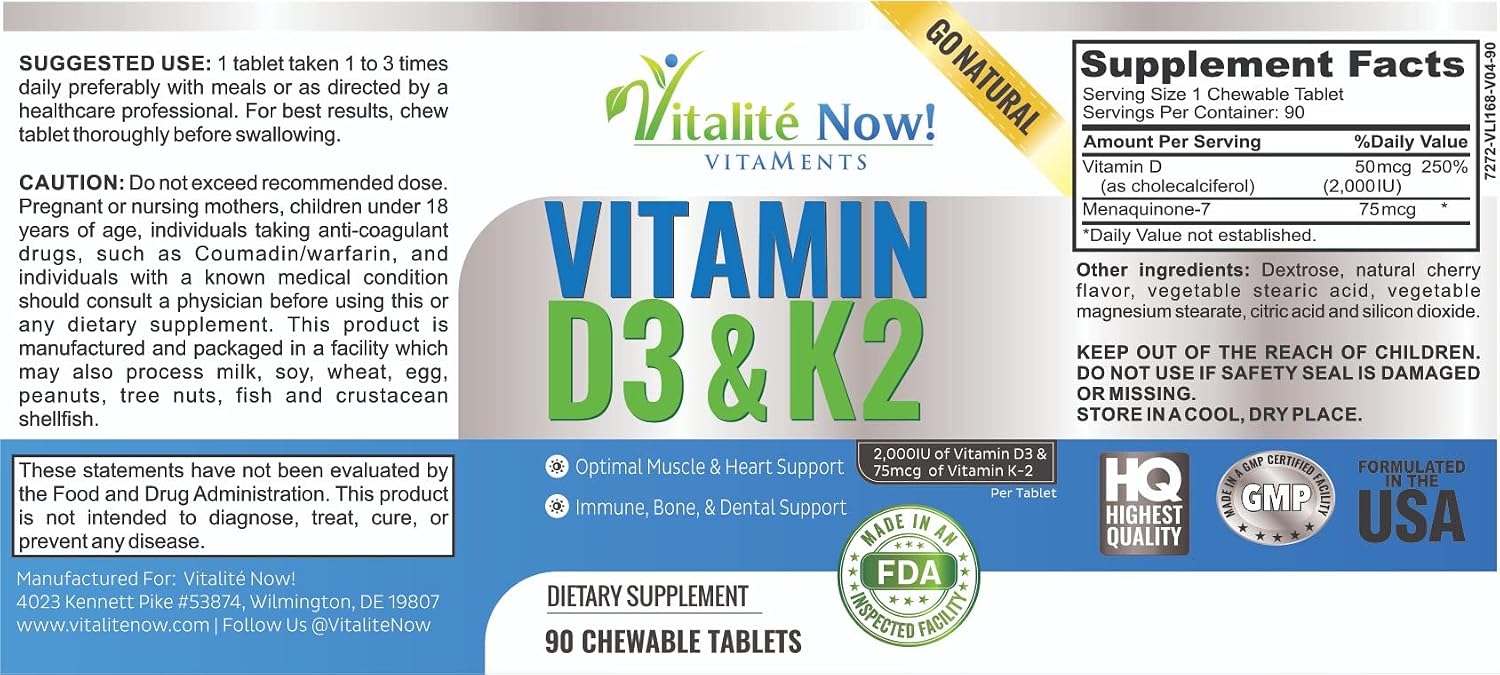 Vitalité Now! Vitamin D3 2000 IU + K2 MK7 Chewable Tablets - Cherry Flavour - 90 Tablets - görsel 7