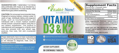 Vitalité Now! Vitamin D3 2000 IU + K2 MK7 Chewable Tablets - Cherry Flavour - 90 Tablets