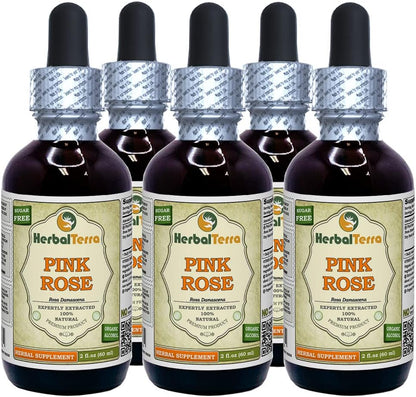 Pink Rose (Rosa damascena) Glycerite, Dried Buds and Petals Alcohol-Free Liquid Extract (Brand Name: HerbalTerra) 5x2 fl.oz (5x60 ml)