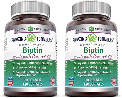 Amazing Formulae Biotin with Extra Virgin Organic Coconut Oil - 10,000 mcg - 120 Softgels
