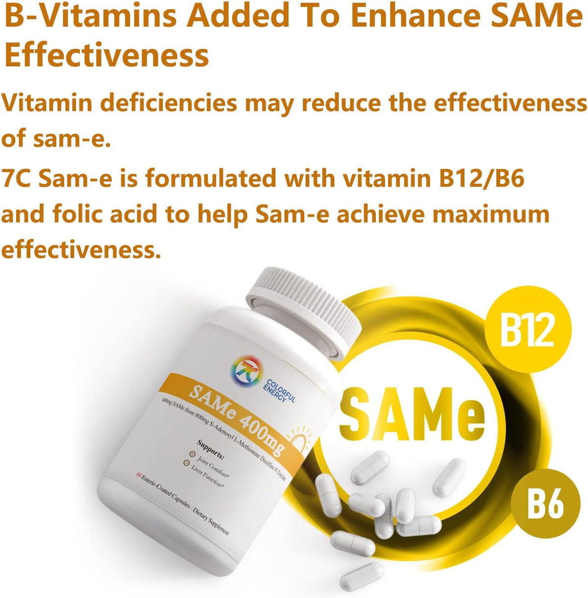 7c SAM-e 400mg Supplement with Vitamin B6, B12 & Folic Acid – Vegan, Non-GMO, Gluten-Free – 60 Enteric Coated Capsules - görsel 4