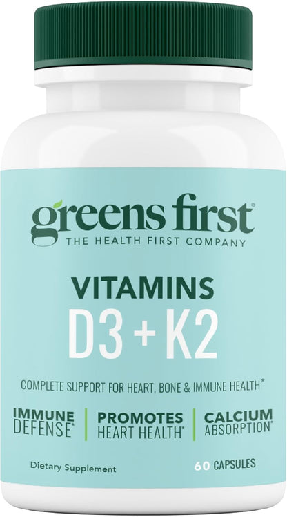 Greens First Vitamins D3+K2 – Support for Normal Bones, Immune System and Calcium Balance (60 Vegetable Capsules)