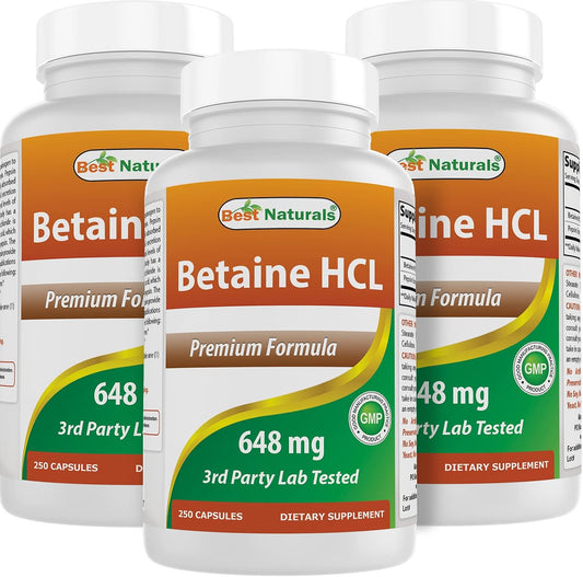 Best Naturals Betaine HCL 648 mg – 250 Capsules (Pack of 3)