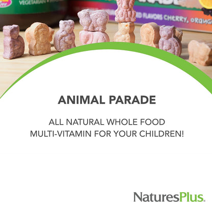 NaturesPlus Animal Parade Gold Children's Multivitamin - 120 Animal-Shaped Chewable Tablets - Assorted Cherry, Orange & Grape Flavours - Vegan, Gluten-free