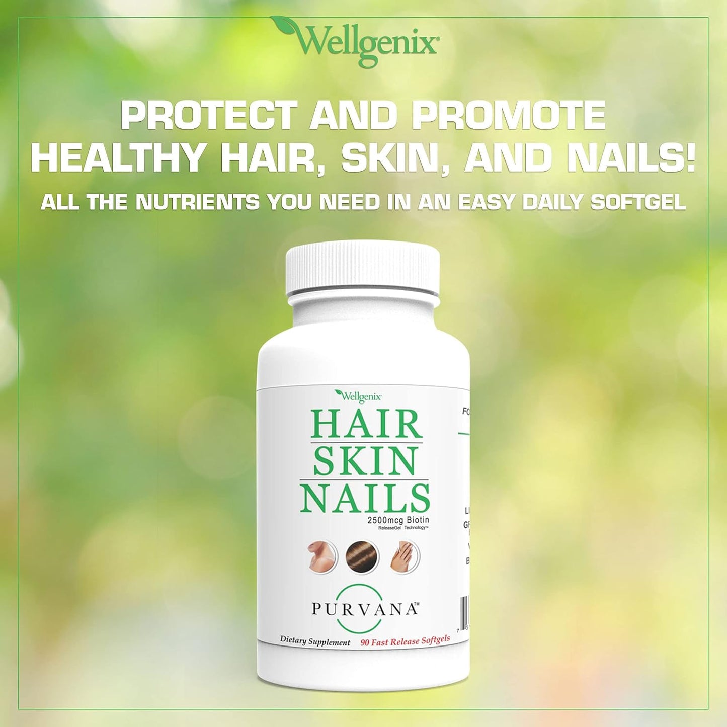 Wellgenix Purvana Hair, Skin and Nails Supplement – 2500mcg Biotin with MSM & B-Complex, 90 Softgels - görsel 3