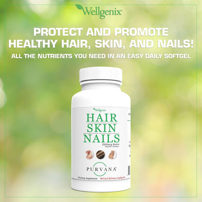Wellgenix Purvana Hair, Skin and Nails Supplement – 2500mcg Biotin with MSM & B-Complex, 90 Softgels
