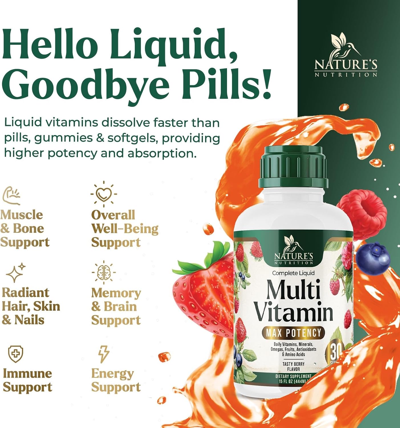 Liquid Multivitamin - Sugar Free Daily Multi Vitamin for Women, Men & Kids, Vitamins A, C, D, B12, Biotin & Zinc - Supports Normal Hair & Skin, Vegan, Non-GMO, Berry Flavour, 450 ml - görsel 6