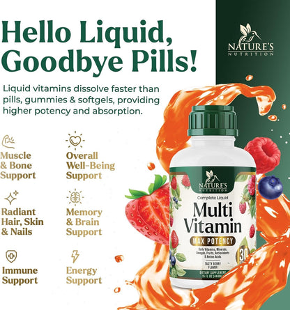 Liquid Multivitamin - Sugar Free Daily Multi Vitamin for Women, Men & Kids, Vitamins A, C, D, B12, Biotin & Zinc - Supports Normal Hair & Skin, Vegan, Non-GMO, Berry Flavour, 450 ml