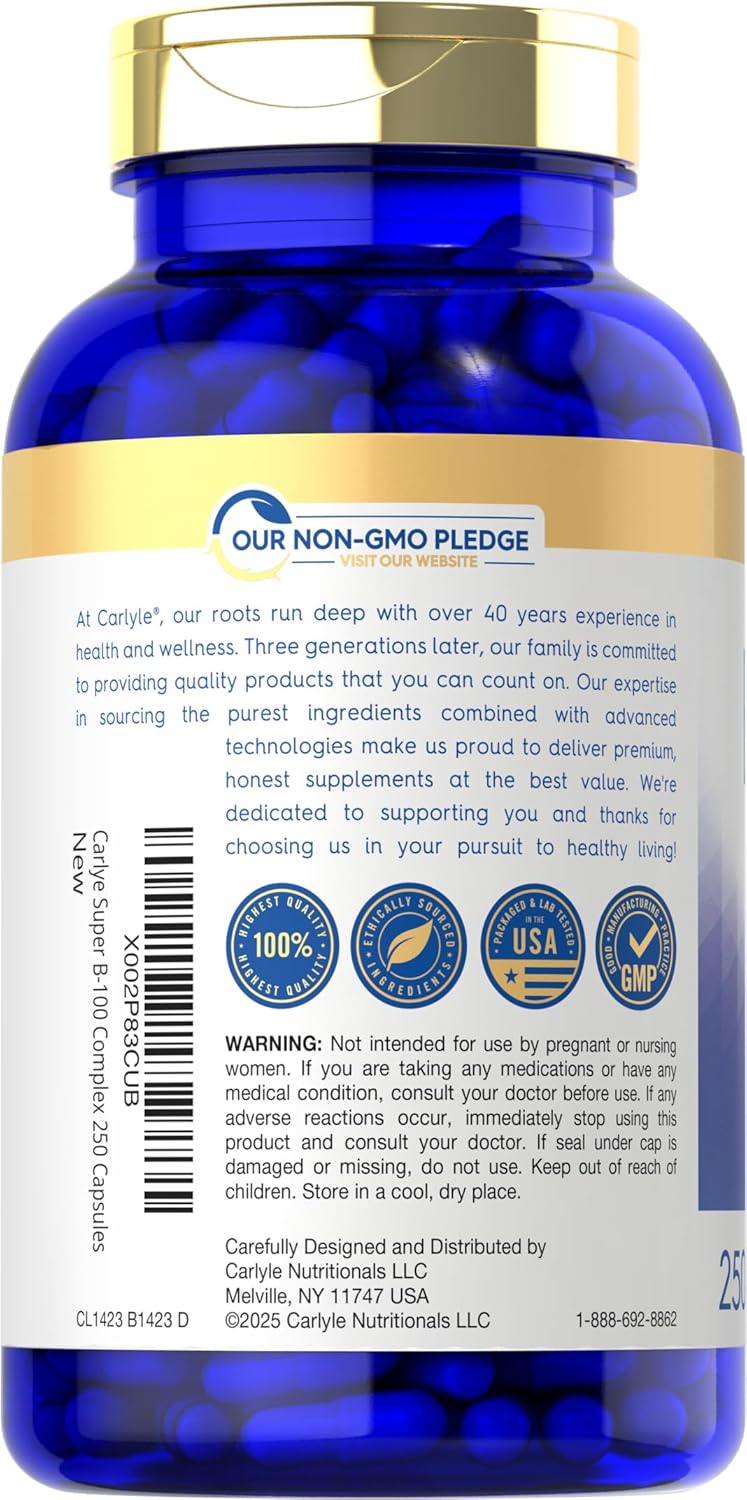 Carlyle B-100 Complex - High Potency B-Vitamin Supplement with B1, B2, B3, B6, B12, Biotin, Folic Acid & Inositol - 250 Vegetarian Capsules - görsel 3