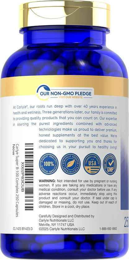 Carlyle B-100 Complex - High Potency B-Vitamin Supplement with B1, B2, B3, B6, B12, Biotin, Folic Acid & Inositol - 250 Vegetarian Capsules