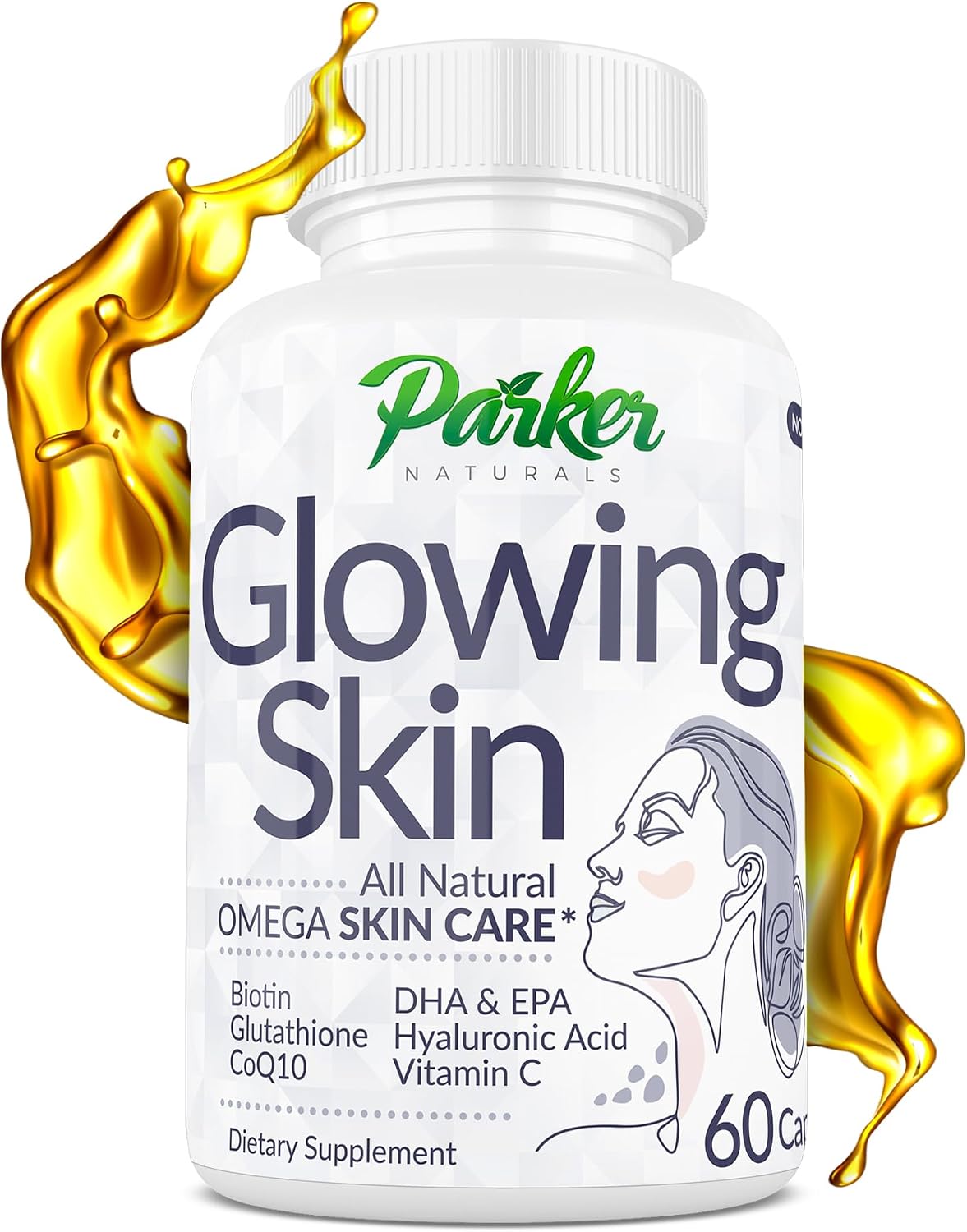 Parker Naturals Glowing Skin Supplement - Biotin, Glutathione, Hyaluronic Acid, DHA/EPA Omega 3 Fish Oil, CoQ10, Vitamin C - 60 Capsules - görsel 1