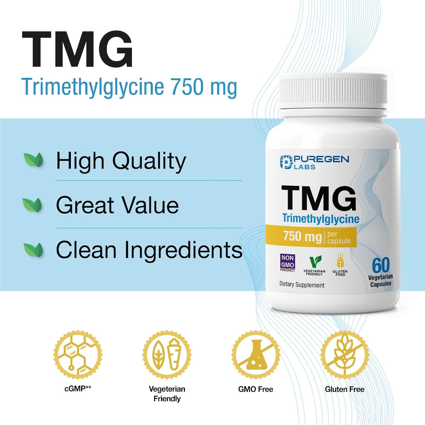 Puregen Labs TMG 750 mg – Trimethylglycine Supplement – 180 Vegetarian Capsules (3 Pack) - görsel 5
