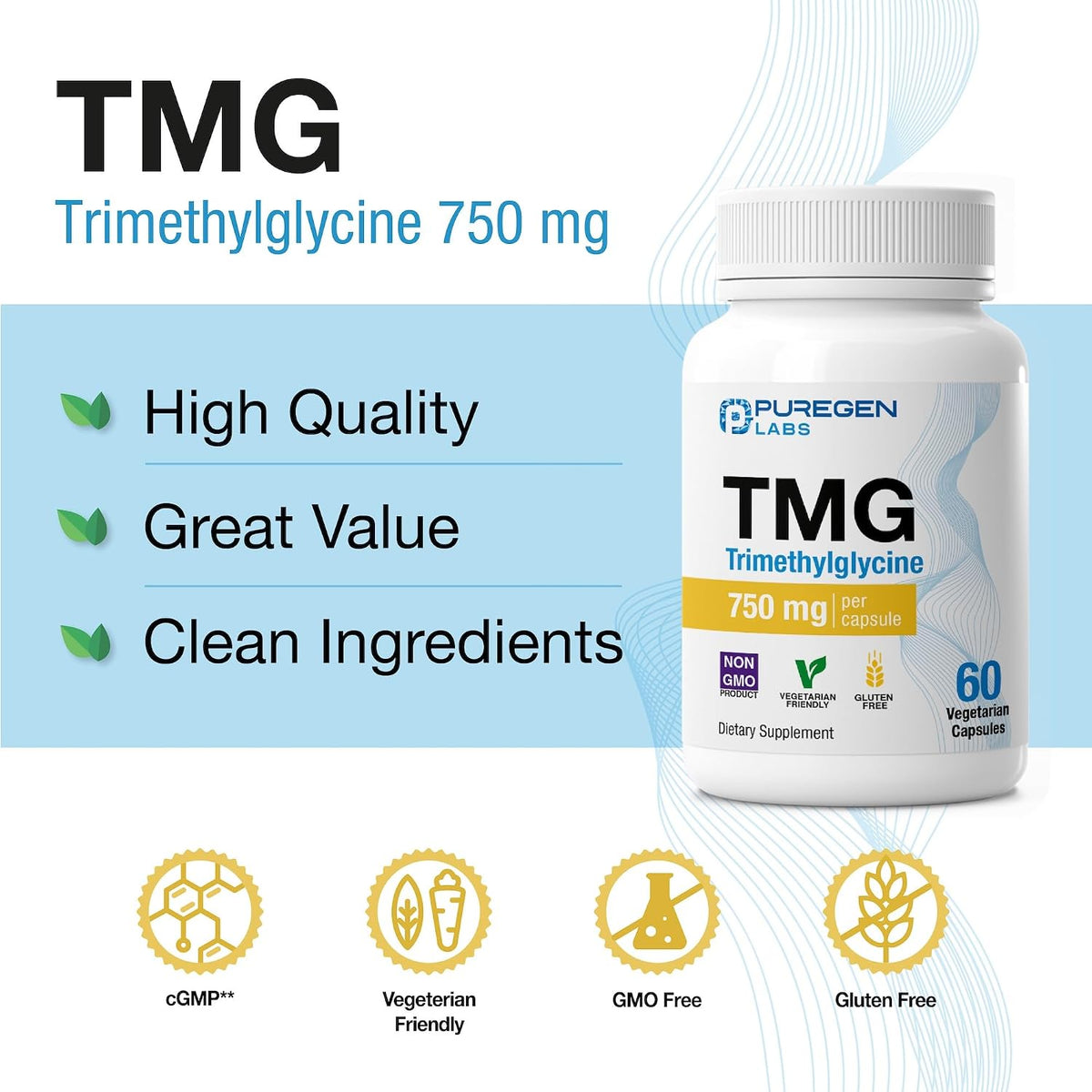 Puregen Labs TMG 750 mg – Trimethylglycine Supplement – 180 Vegetarian Capsules (3 Pack) - görsel 5