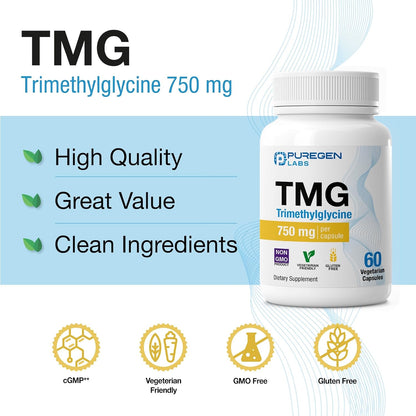 Puregen Labs TMG 750 mg – Trimethylglycine Supplement – 180 Vegetarian Capsules (3 Pack)