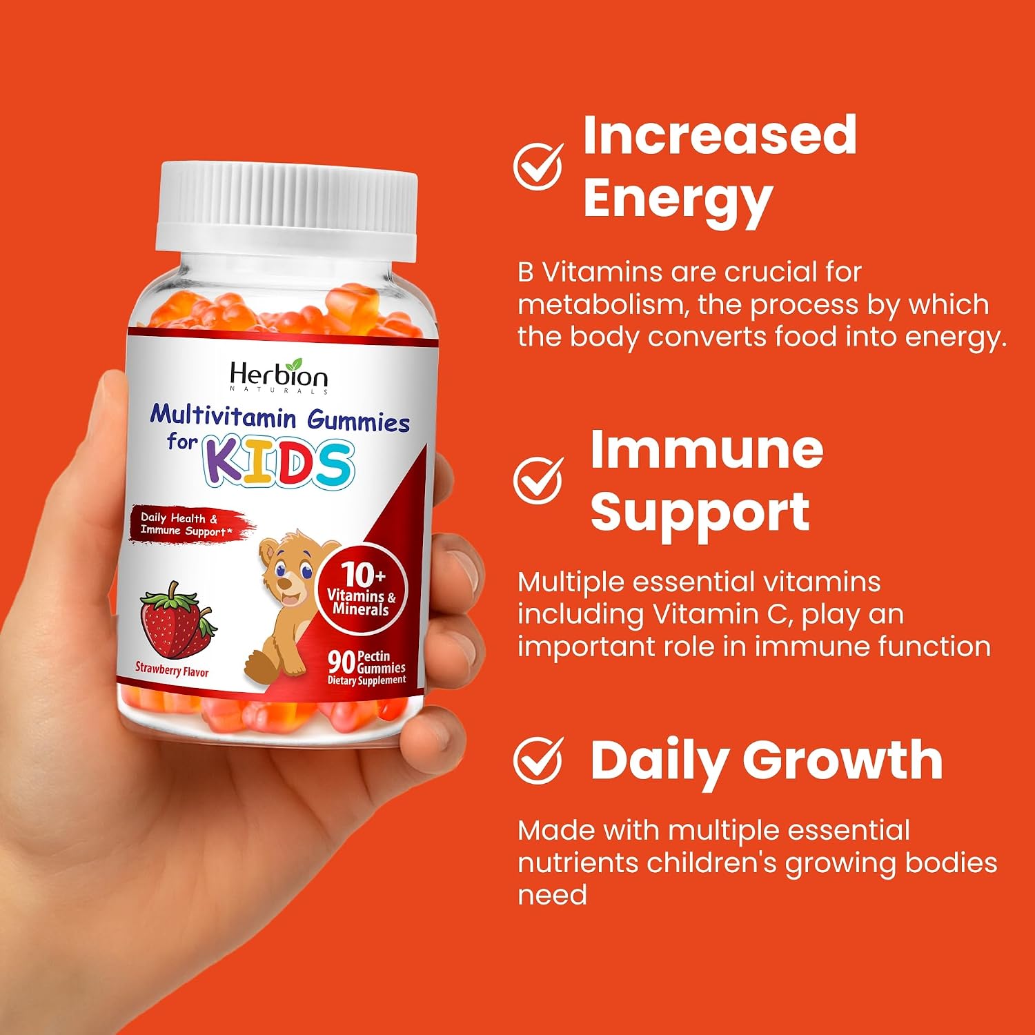 HERBION Naturals Multivitamin Gummies for Children - Support with Vitamin C, D3, B12, A, E & Zinc - Strawberry Flavour - 90 Count - görsel 6