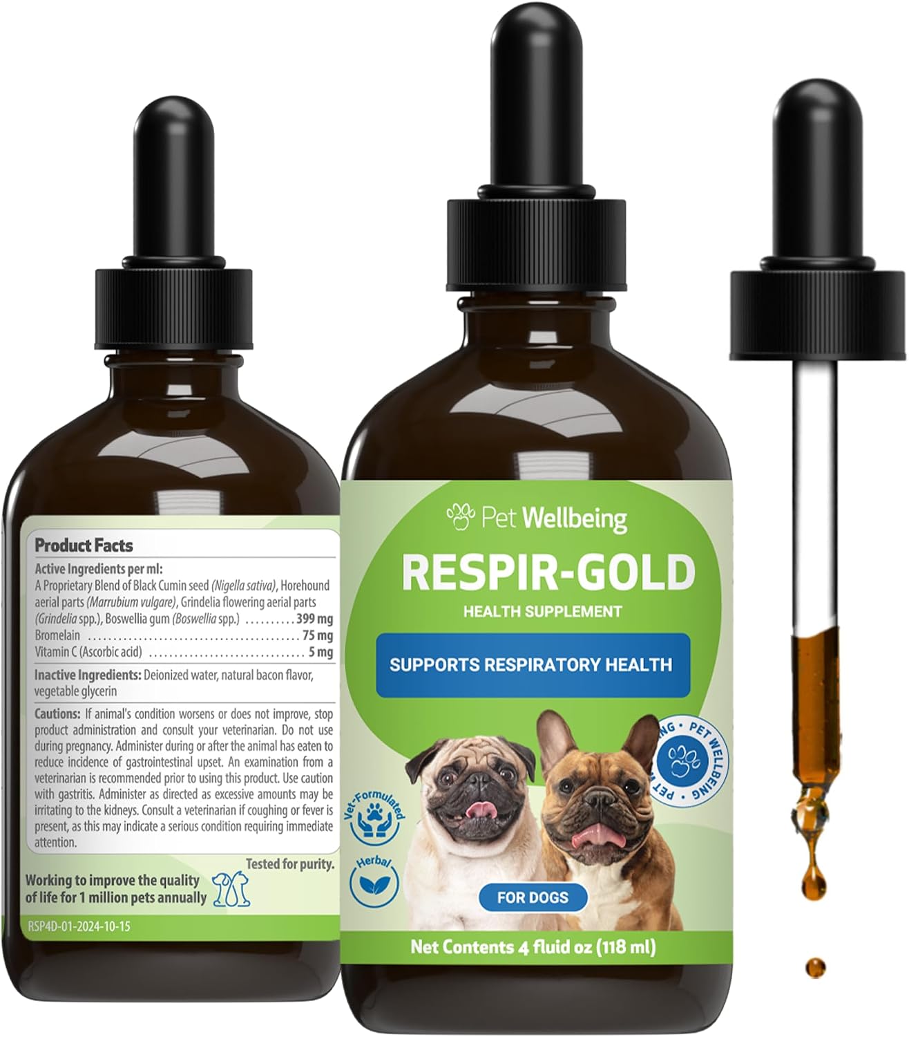 Pet Wellbeing Respir-Gold for Dogs - NASC Certified & Vet-Formulated Liquid Lower Respiratory & Lung Supplement with Black Cumin & Boswellia for Allergic Airway & Breathing, Natural Bacon Flavour, 118 ml - görsel 1