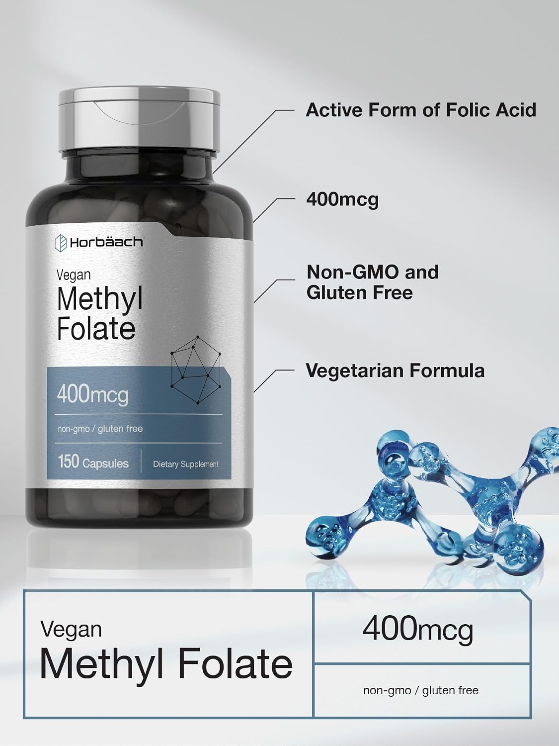 Horbäach Methyl Folate 400 μg | 150 Vegan Capsules | Non-GMO, Gluten-free | Food Supplement - görsel 4
