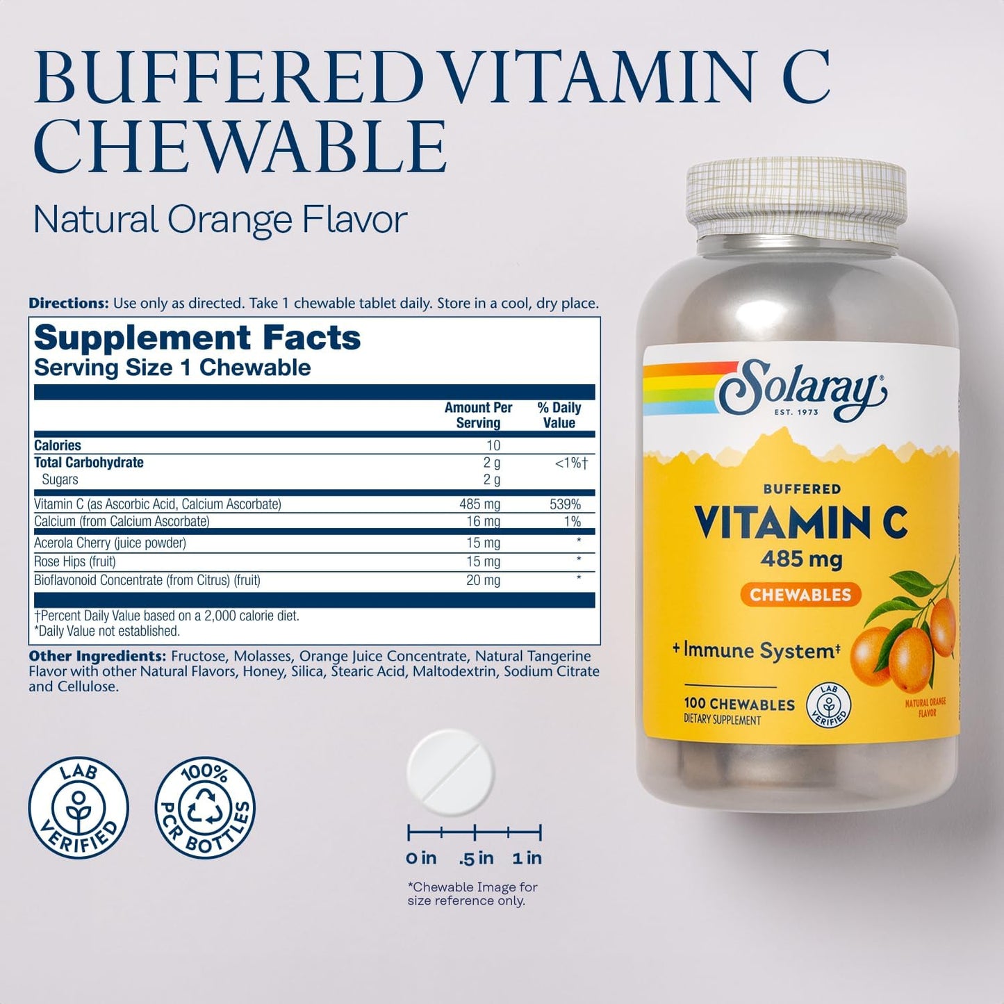 SOLARAY Chewable Vitamin C with Rose Hips and Acerola Cherry - Buffered Vitamin C for Gentle Digestion - 100 Chewable Tablets - görsel 2