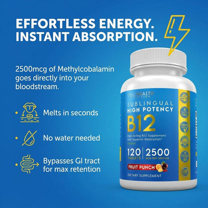 Energy-Boosting Vitamin B12 Sublingual Tablets | Quick Dissolve Vegan B12 with Methylcobalamin, 120 Fruit Punch Tablets