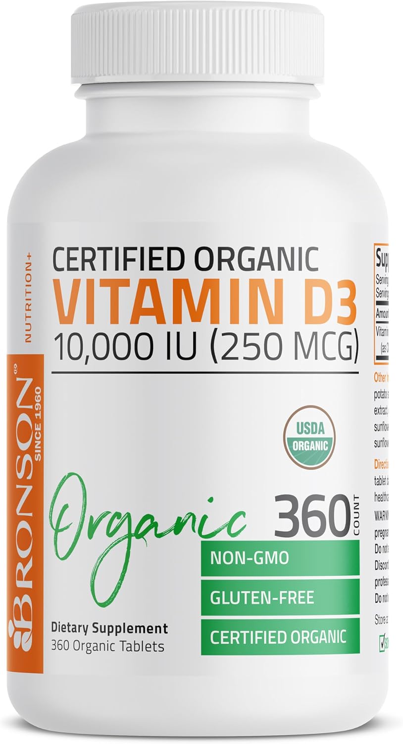 Bronson Vitamin D3 10,000 IU (250 mcg) Certified Organic High Potency Non-GMO Food Supplement, 360 Tablets - görsel 4